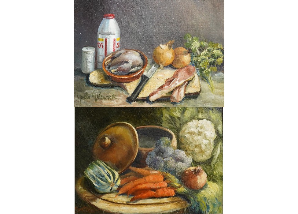 Yvette Galsworthy (20th. C), pair of oils on canvas, Still lifes, comprising 'Pigeon pie' and one other, each signed, 28 x 39cm. Condition - good